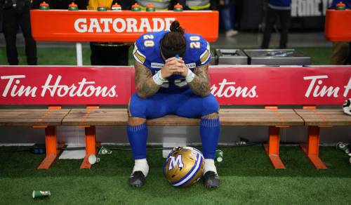 Ethan Cairns / THE CANADIAN PRESS
                                Winnipeg Blue Bombers’ Brady Oliveira reacts on the bench after losing in the 111th Grey Cup to the Toronto Argonauts in Vancouver, Sunday.