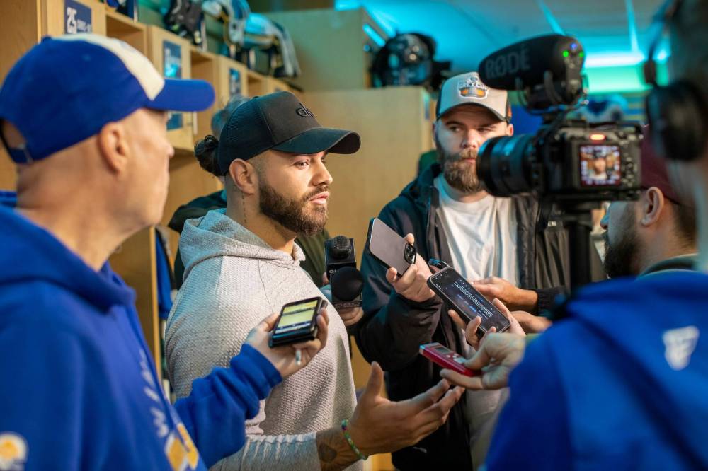 BROOK JONES/FREE PRESS
Running back Brady Oliveira answers questions Tuesday in the Blue Bombers locker room.