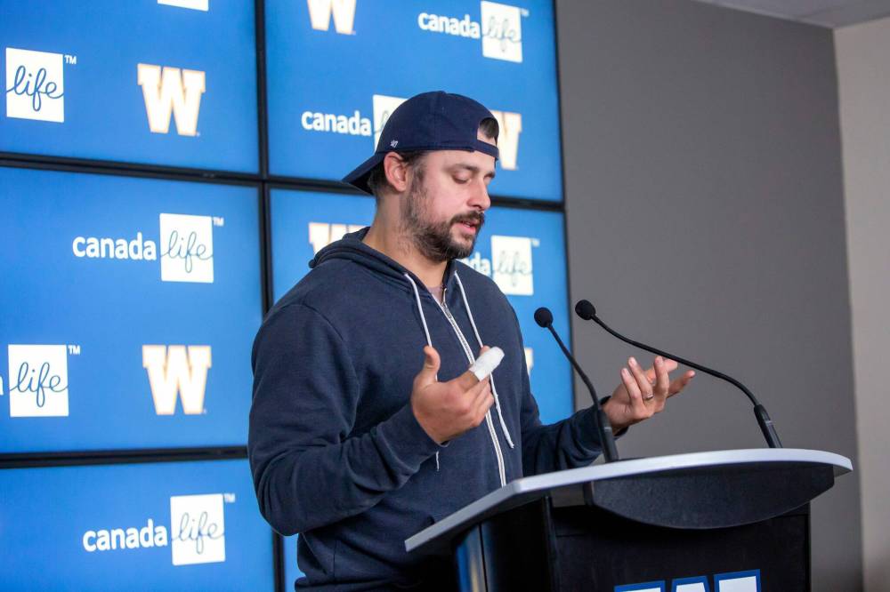 BROOK JONES/FREE PRESS
Winnipeg Blue Bombers quarterback Zach Collaros talks with media about injuring his finger while playing in the 111th Grey Cup between the Winnipeg Blue Bombers and the Toronto Argonauts at the end of season media availability at Princess Auto Stadium in Winnipeg, Man., Tuesday, Nov. 19, 2024.