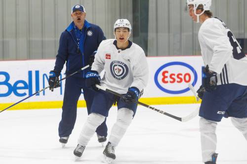 MIKE DEAL / FREE PRESS FILES
                                Kevin He (46) during the first day of the 2024 Winnipeg Jets development camp in July.