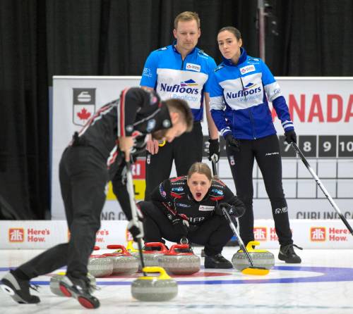 Michael Burns / THE CANADIAN PRESS via Curling Canada
                                Jocelyn Peterman calls to partner Brett Gallant on Wednesday during Canadian mixed doubles curling trials action vs. Tyrel Griffith and Jennifer Armstrong in Liverpool, N.S.