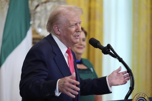 President Donald Trump speaks during an event with Ireland's Prime Minister Micheál Martin in the East Room of the White House in Washington, Wednesday, March 12, 2025. (AP Photo/Alex Brandon)