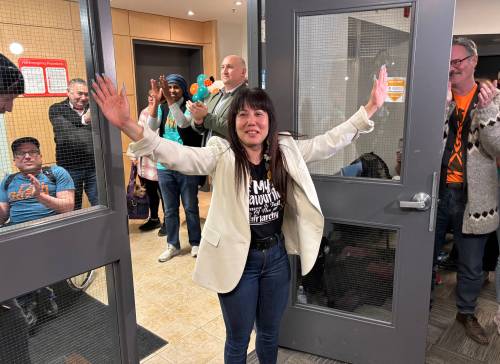 AARON EPP / FREE PRESS
                                Winnipeg Centre MP Leah Gazan greets supporters at her headquarters after being declared the winner shortly before 11 p.m., Tuesday. She entered the packed room to cheers of “Leah! Leah!”