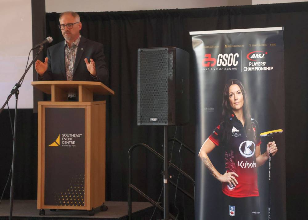 Cassidy Dankochik / The Carillon
Steinbach Mayor Earl Funk was one of the speakers at the Grand Slam of Curling’s kick-off event in Steinbach May 13. The Players’ Championship will be in Steinbach’s newly built Southeast Event Centre in January 2026.