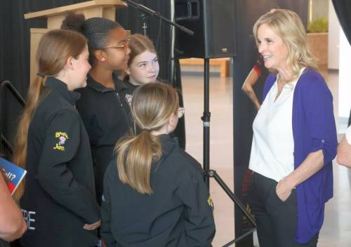 Cassidy Dankochik / The Carillon
                                Jennifer Jones speaks with young curlers following a promotional event for the 2026 Players’ Championship. Jones credited the Grand Slam for powering the growth of women’s curling around the globe.