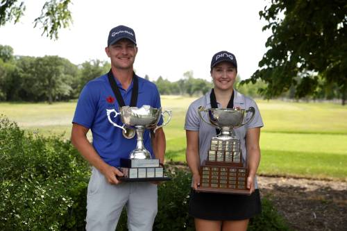 GOLF MANITOBA PHOTO
                                Allan McDonald (left) and Addison Kartusch both repeated as champions in the provincial Men’s Mid-Amateur and Manitoba Women’s Amateur golf tournaments on Friday at St. Charles.