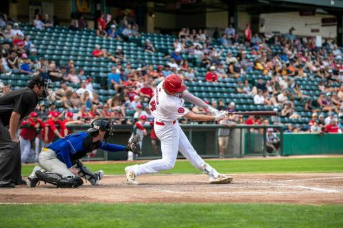 BROOK JONES / FREE PRESS
                                Winnipeg Goldeyes first baseman Matthew Warkentin’s 11 home runs lead the team this season.