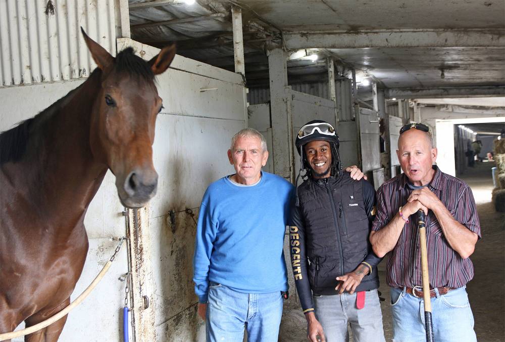 GEORGE WILLIAMS
The 50-1 Crew (from left): trainer Bill Mooney, jockey Dario Dalrymple and trainer Curtis Maxwell.