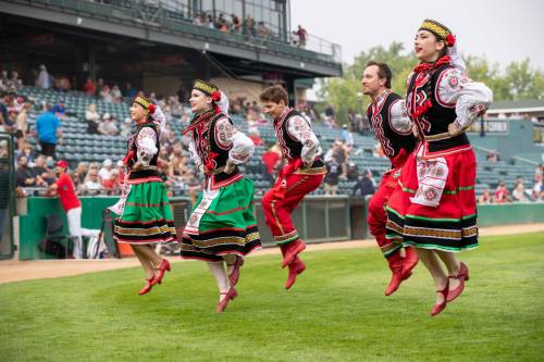 BROOK JONES / FREE PRESS
                                Winnipeg’s Troyanda Ukrainian Dance Ensemble entertained fans throughout Wednesday’s game.