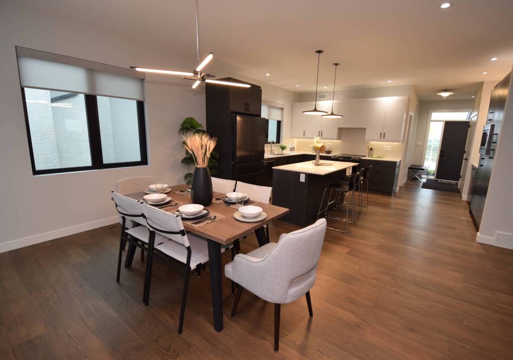 Style and function intersect in the dining/kitchen area.