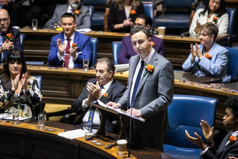 Mikaela MacKenzie/Free Press Files
Finance Minister Adrien Sala delivers the budget speech in the legislative chamber at the Manitoba Legislative Building in March.
