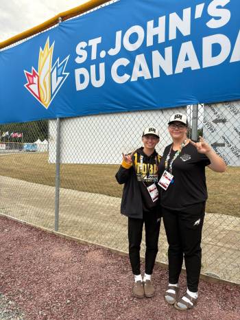 Supplied
                                Kirsten Giesbrecht (left) and Mya Richard of Team Manitoba’s female baseball team. It’s ‘awesome’ to play on a female baseball team says Richard, who hails from Elie.