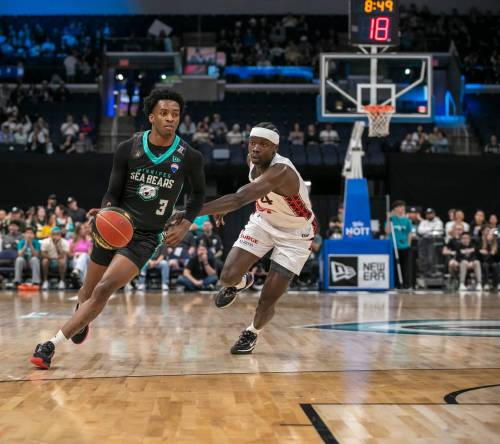 BROOK JONES / FREE PRESS
                                Winnipeg Sea Bears’ Terry Roberts (left) drives up the court against Calgary Surge guard Karim Mané back in May. The Sea Bears host the Surge in the Western Conference final on Friday at Canada Life Centre.
