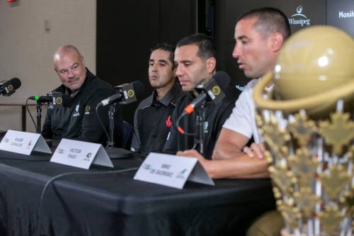 BROOK JONES / FREE PRESS
                                The remaining CEBL head coaches in the post-season talked playoffs at Canada Life Centre on Wednesday beside the championship trophy. (From left) Winnipeg Sea Bears head coach Mike Taylor, Calgary Surge head coach Kaleb Canales, Niagara River Lions head coach Victor Raso and Scarborough Shooting Stars head coach Mike De Giorgio.