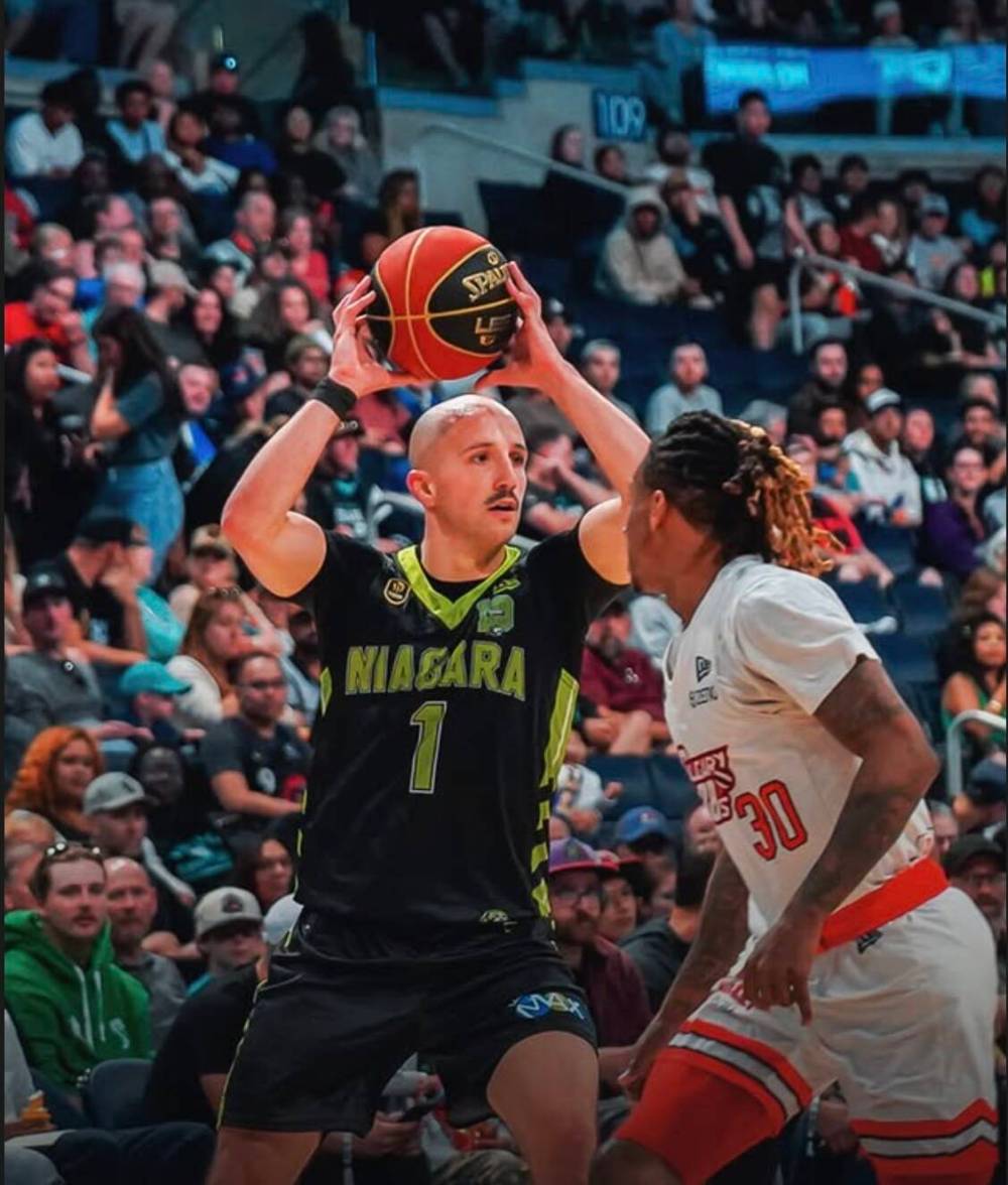 CEBL / INSTAGRAM
Niagara River Lions guard Kimbal Mackenzie (1) looks to pass the ball over Calgary Surge guard Evan Gilyard II (30) during the first half of the CEBL Championship final on Sunday night at Canada Life Centre.