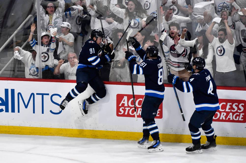 Fred Greenslade / THE CANADIAN PRESS FILES
Winnipeg Jets’ Kyle Connor (centre) led the team in goals, assists and points in the 2024-25 season.The left-winger also had assists on both teammate Cole Perfetti’s ‘Manitoba Miracle’ tying goal and captain Adam Lowry’s overtime series-winner in Game 7 against the St. Louis Blues.