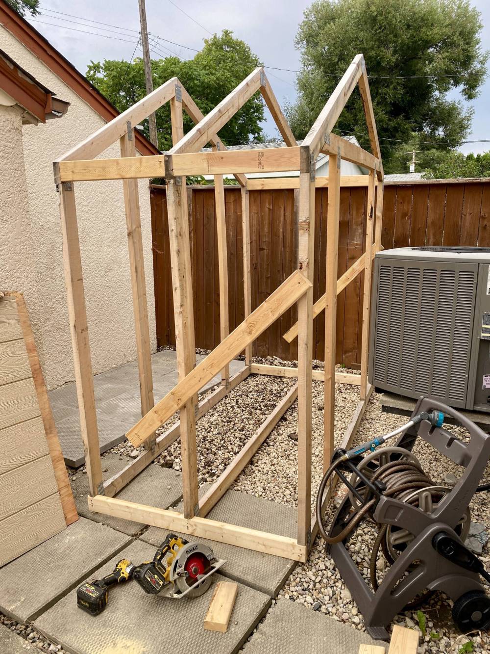 The only pre-assembled elements of the shed kit were the three hoops — the front door gable end, middle section and rear gable end.