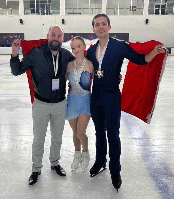 SKATE CANADA INSTAGRAM
Winnipeg’s Ava Kemp and Yohnatan Elizarov captured gold in Ankara, Turkey, at the ISU Junior Grand Prix. From left: pairs skating coach Kevin Dawe, pairs skaters Ava Kemp, Yohnatan Elizarov.