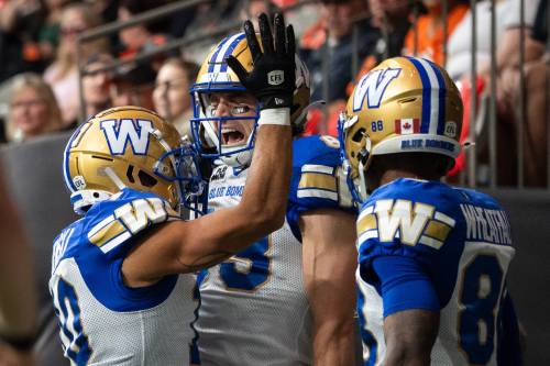 ETHAN CAIRNS / THE CANADIAN PRESS FILES
                                Winnipeg Blue Bombers receiver Dalton Schoen (centre) returns from the six-game injured list for the Labour Day Classic on Sunday. The one-two punch of Schoen and teammate Nic Demski (left) will give Winnipeg’s attack a completely different look.