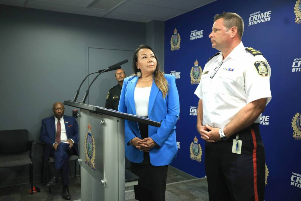 Ruth Bonneville / Free Press
Winnipeg Police Chief Gene Bowers introduces Sheila North as the Service’s first external Indigenous Relations Advisor at a press conference at WPS HQ, Tuesday.