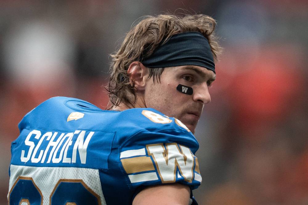 Ethan Cairns / THE CANADIAN PRESS FILES
Winnipeg Blue Bombers receiver Dalton Schoen had torn the ACL in his left knee in Week 4 this season, but opted to not get surgery.