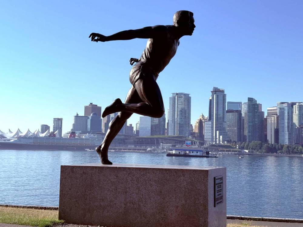 The statue of sprinter Harry Winston Jerome at Hallelujah Point in Stanley Park.
