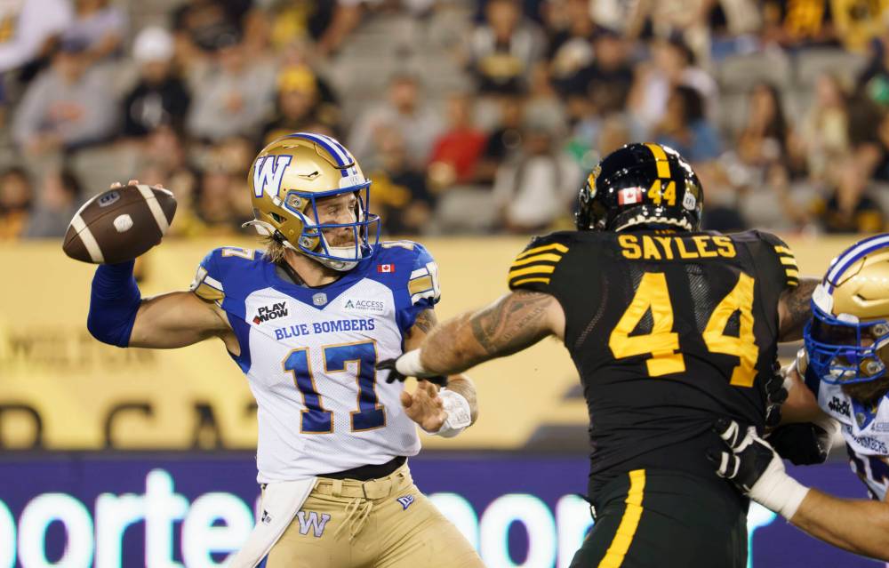 PETER POWER / THE CANADIAN PRESS
Winnipeg Blue Bombers quarterback Chris Streveler (17) throws during first half CFL football game action against the Hamilton Tiger Cats in Hamilton, Ont. on Friday, September 12, 2025.