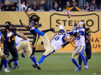 PETER POWER / THE CANADIAN PRESS
                                Winnipeg Blue Bombers attempt an on-side kick late in the fourth quarter of CFL football game action against the Hamilton Tiger-Cats in Hamilton, Ont. on Friday.