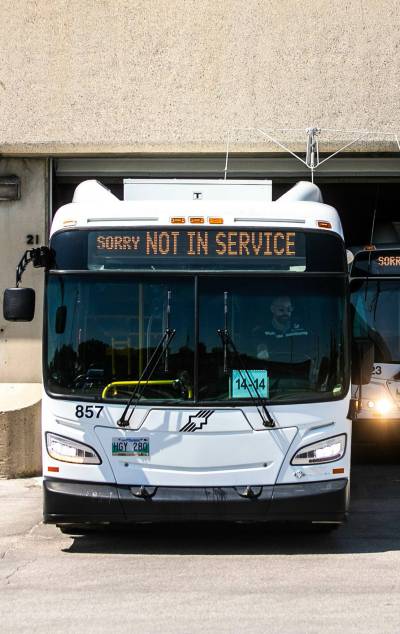 MIKAELA MACKENZIE / FREE PRESS
                                A Winnipeg Transit bus leaves the Fort Rouge garage.