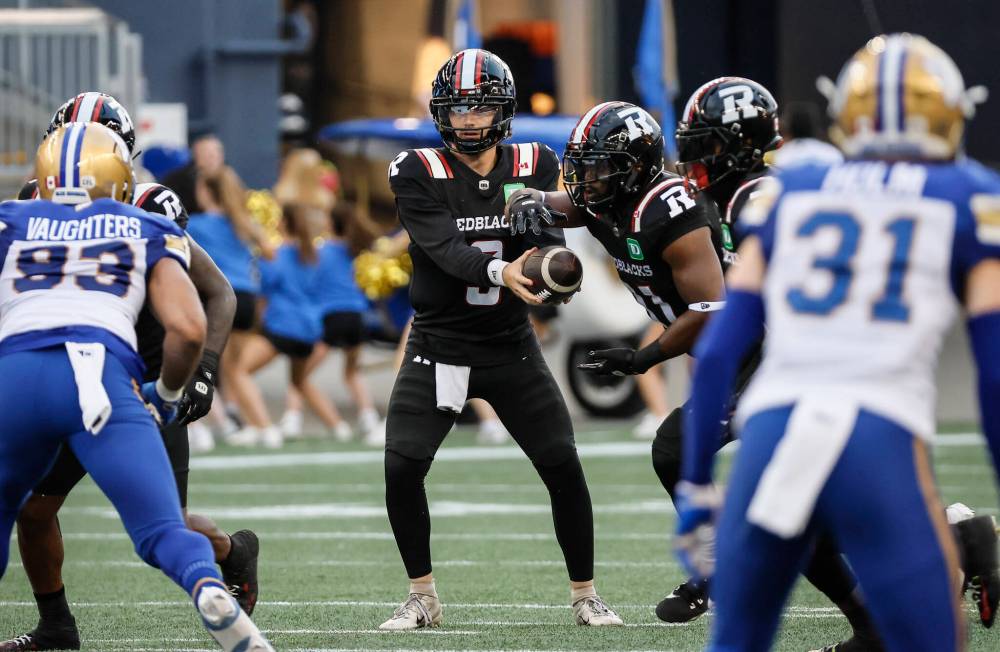 John Woods / THE CANADIAN PRESS FILES
Redblacks quarterback Dru Brown (3) is looking forward to facing his former team Saturday when Ottawa clashes with the Winnipeg Blue Bombers. The pivot said Thursday that he learned invaluable experience playing backup to Bombers QB Zach Collaros.
