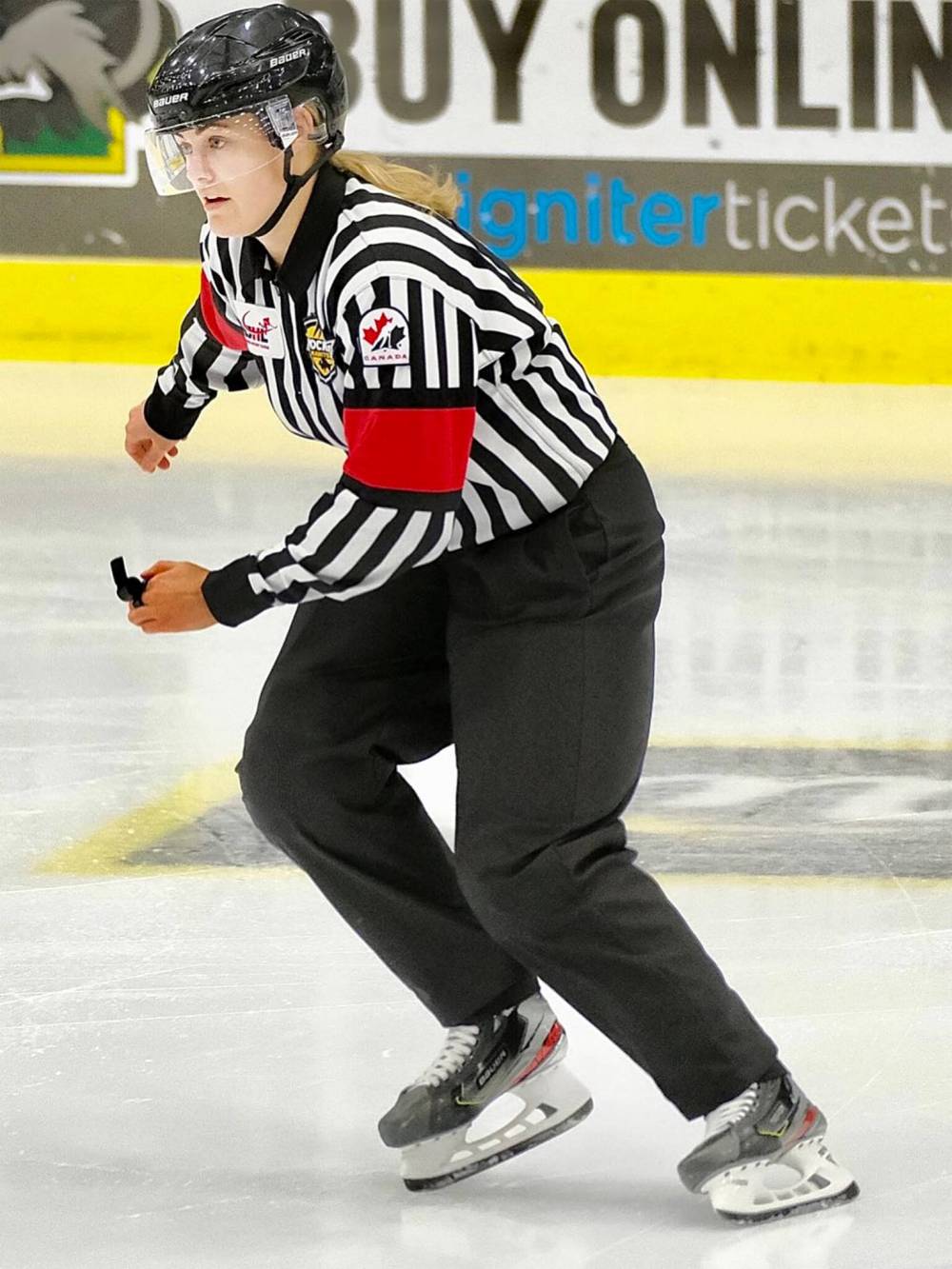 ICE WAVE MEDIA PHOTO
Stonewall’s Amy Martin suited up for her first NHL assignment last weekend in Montreal, reffing two Winnipeg Jets games at the prospects tournament.
