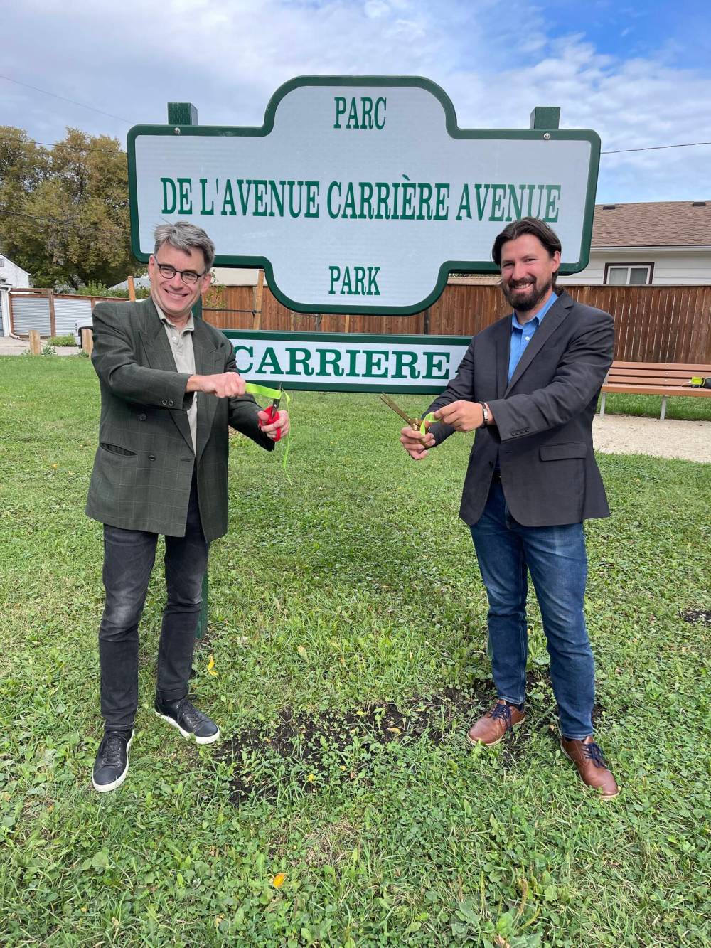 INSTAGRAM
St. Vital Coun. Brian Mayes (left) and St. Boniface Coun. Matt Allard at the opening of Carriere Avenue Park last year. The councillors have withdrawn a motion to rename the park after astrophysicist and astronomer James Peebles.