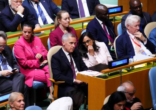 SEAN KILPATRICK / THE CANADIAN PRESS FILES
                                Prime Minister Mark Carney sits beside Anita Anand, minister of foreign affairs, as they take part in a high-level international conference for the peaceful settlement of the question of Palestine and the implementation of the two-state solution during the United Nations General Assembly (UNGA) in New York on Sept. 22.