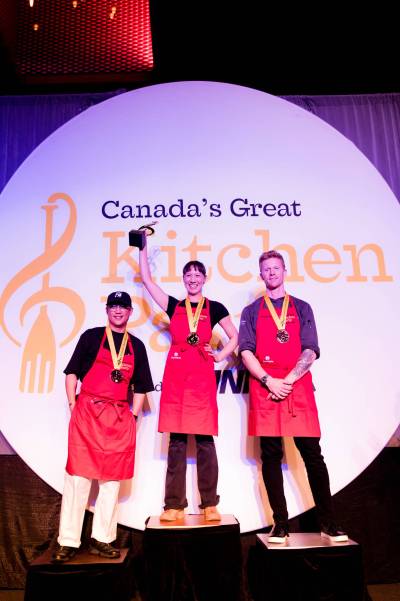 Supplied
                                Gold medal winner Emily Butcher (centre) of Bar Accanto and Nola flaked by bronze medallist Norman Pastorin (left) of Basta! Filipino Kitchen and Thermea Spa’s Darnell Banman who took the silver medal.