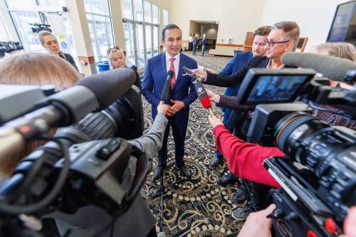 MIKE DEAL / FREE PRESS
                                Premier Wab Kinew talks to the media after speaking at the Leaders forum on growing the economy on Sept. 25, 2025.
