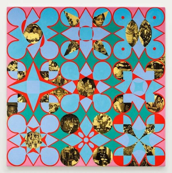 Chukwudubem Ukaigwe
Ukaigwe’s Untitled (Windrush 1), 2023. Oil paint and gel image transfer on canvas