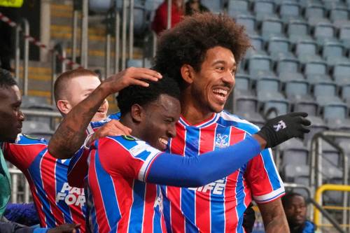 CZAREK SOKOLOWSKI / THE ASSOCIATED PRESS
                                Crystal Palace’s Eddie Nketiah (centre left) celebrates with teammate Chris Richards after scoring his side’s second goal during Conference League play Thursday.