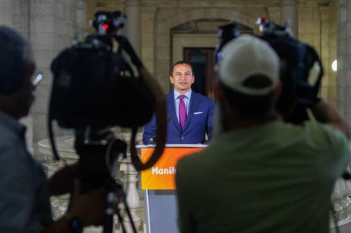 Premier Wab Kinew speaks to media after question period earlier this month. (Mike Deal / Free Press files)