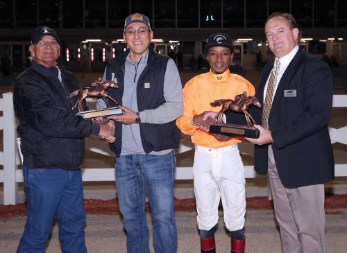 JASON HALSTEAD PHOTO / ASSINIBOIA DOWNS
                                2025 Assiniboia Downs Champions. From left: Chief Murray Clearsky, ASD leading trainer Steve Keplin, Jr., ASD leading jockey Damario Bynoe and ASD CEO Darren Dunn.
