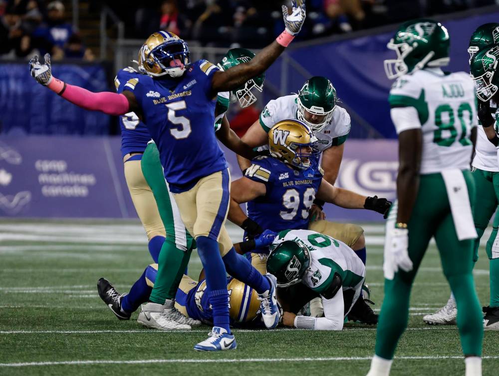 John Woods / THE CANADIAN PRESS
Willie Jefferson (left) celebrates a Bombers sack of Saskatchewan Roughriders quarterback Jake Maier on Friday night.