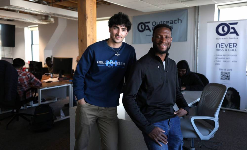 Ruth Bonneville / Free Press
David Owasi (right) and Pasha Khoshkebari, co-founders of OutreachGenius, in the Winnipeg offices of the two-year-old AI sales automation for businesses company.