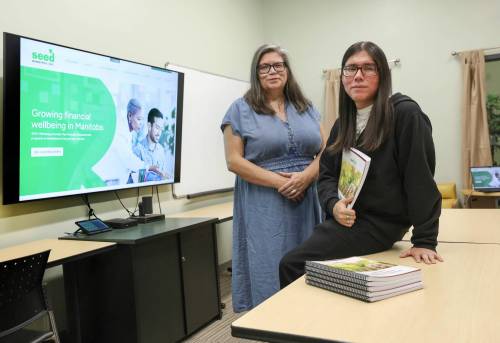 Ruth Bonneville / Free Press
                                Lisa Forbes, manager of social enterprise and fund development at SEED (left) and workshop facilitator Michael Huntinghawk offer courses on financial literacy.