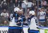 Winnipeg Jets’ Adam Lowry, front left to right, Nino Niederreiter and Alex Iafallo celebrate Niederreiter’s goal against the Vancouver Canucks during the first period of an NHL hockey game, in Vancouver, on Tuesday. (Darryl Dyck / The Canadian Press)