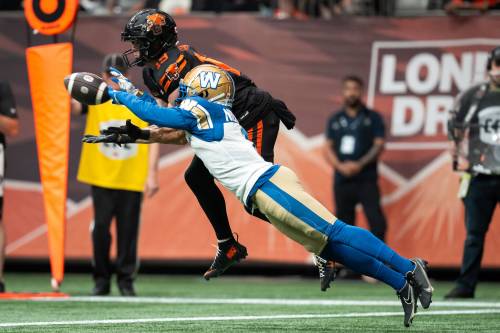 Ethan Cairns / THE CANADIAN PRESS FILES
                                Winnipeg Blue Bombers&rsquo; Deatrick Nichols (right) blocks a pass to B.C. Lions&rsquo; Ayden Eberhardt. Nichols finished second in the league in pass knockdowns with 13 this past season.