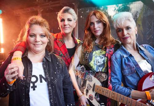 Helen Williams / BritBox
                                From left: Joanna Scanlan, Tamsin Greig, Rosalie Craig and Amelia Bullmore start a punk band in the British series Riot Women.
