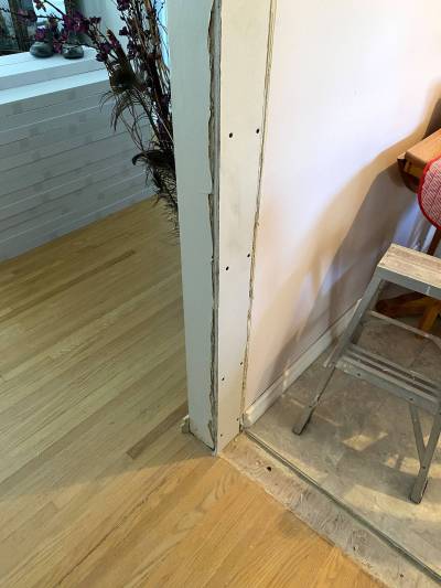 Marc LaBossiere / Free Press
                                All exposed framing was sheathed with drywall, taped and mudded before being primed and painted.