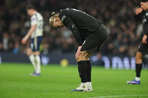 Richard Pelham / THE ASSOCIATED PRESS
                                Manchester City&rsquo;s Erling Haaland reacts during Sunday&rsquo;s match against Tottenham Hotspur. The Sky Blues lost the two goal lead in the second half with the match ending in a two-all draw.
