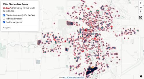 An online map, developed by Buck Doyle and available at chromatin.ca, shows that much of downtown and central Winnipeg would fall into a buffer zone.