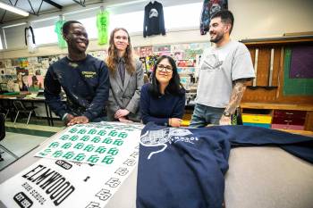 MIKAELA MACKENZIE / FREE PRESS
                                From left: Elmwood High School students Tobi Famisa, Xander Woodley and Audrina Moore and teacher Matthew Reis