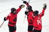 Canada&rsquo;s Marie-Philip Poulin (29) celebrates with Sophie Jaques (2) and Renata Fast (14) after Poulin scored a goal against Switzerland during the second period of a women&rsquo;s ice hockey semifinal match at the 2026 Winter Olympics, in Milan, Italy, Monday, Feb. 16, 2026. (Carolyn Kaster / The Associated Press)